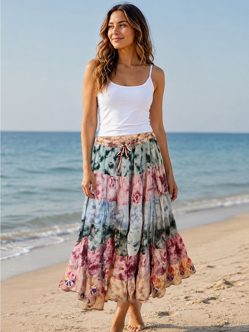Tie-Dye Tiered Maxi Skirt Pastel Colors Elastic Waist Relaxed Bohemian Vacation